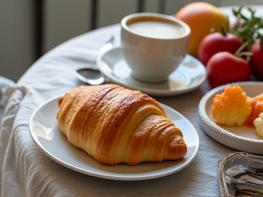 Ein einladender Frühstückstisch mit warmen Croissants, einer Tasse Kaffee und frischem Obst.